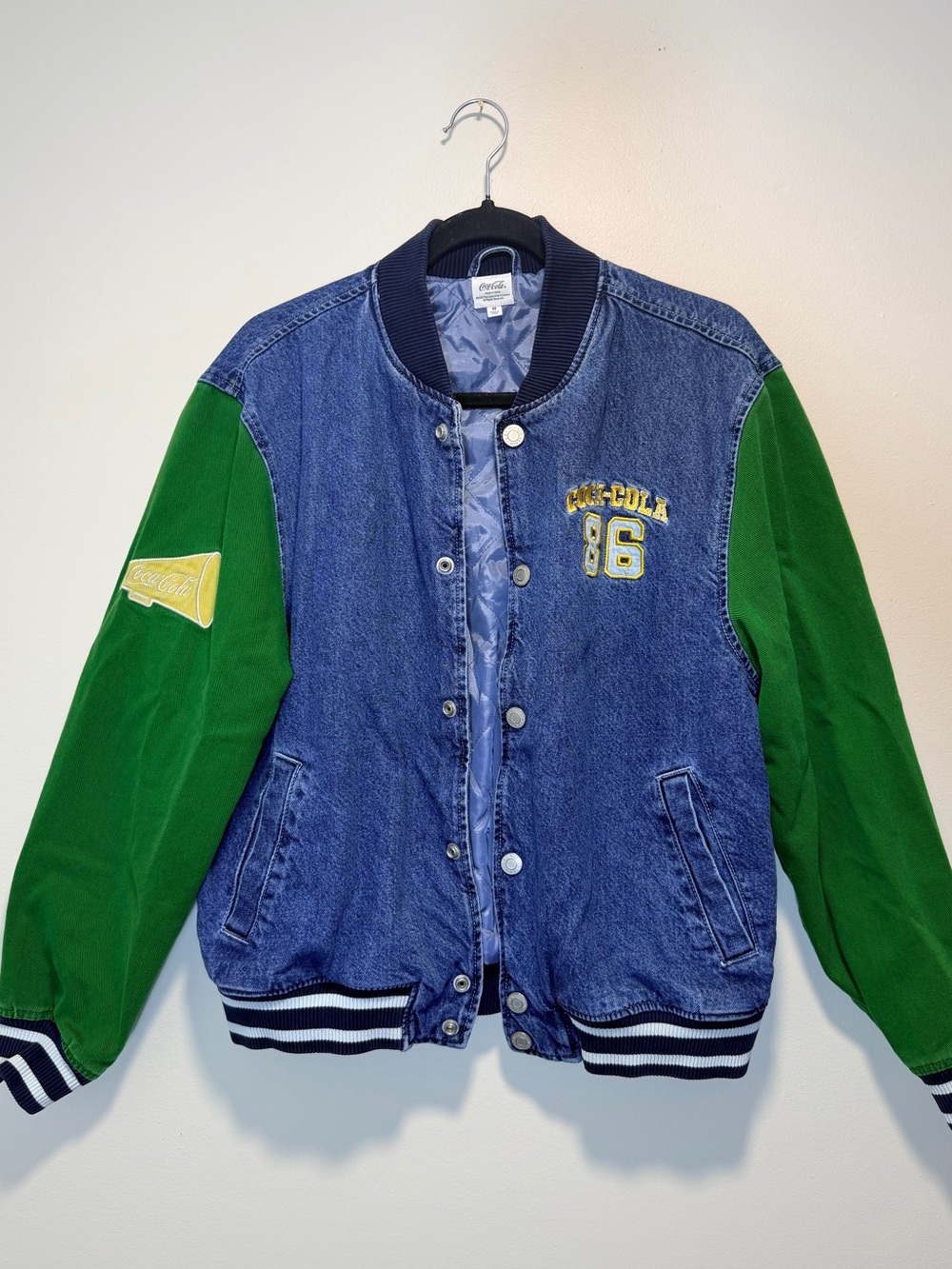 M Coca-Cola Denim Varsity Jacket Colorblock Blue Green Vintage Style